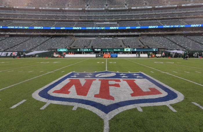 Nov 24, 2019; East Rutherford, NJ, USA; General overall view of the NFL shield logo at midfield at MetLife Stadium. The Jets defeated the Raiders 34-3.